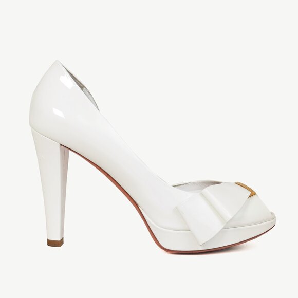Louis Vuitton Apple White Patent Buckle-Bow Peep-Toe Pumps - Picture 1 of 12